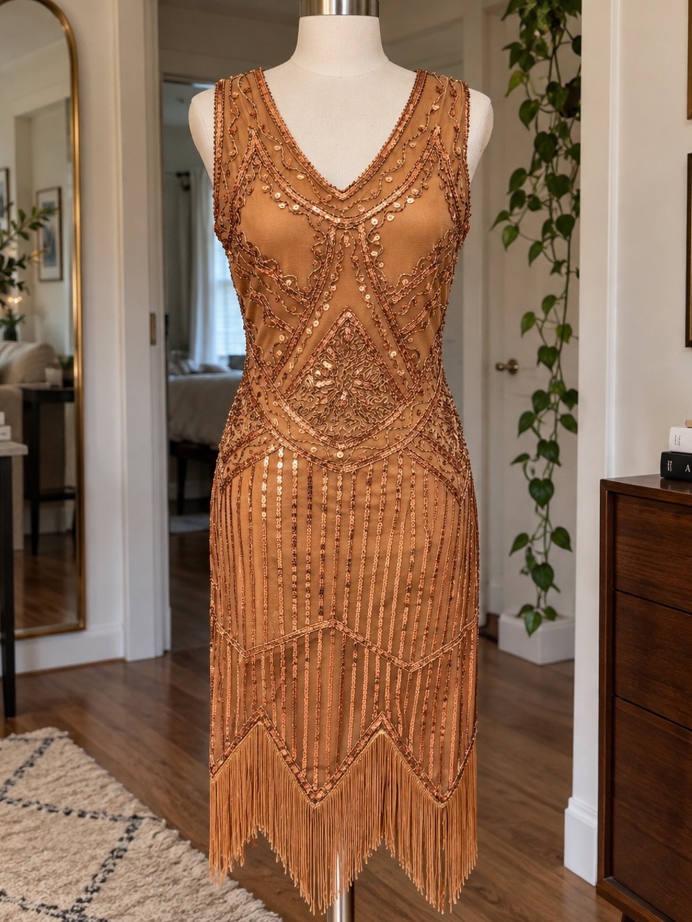 UNIQUE VINTAGE Bronze Beaded Fringe Flapper Art Deco Gatsby Dress, Size Small